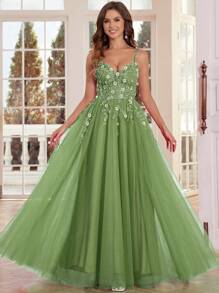 闪亮长款舞会礼服，3D 花朵手工珠饰，精致蕾丝舞会礼服，系带后背细肩带 V 领女士正式晚会礼服，亮片贴花晚礼服，及地长款返校节礼服，适合青少年 - 橄欖綠 - 查看 2