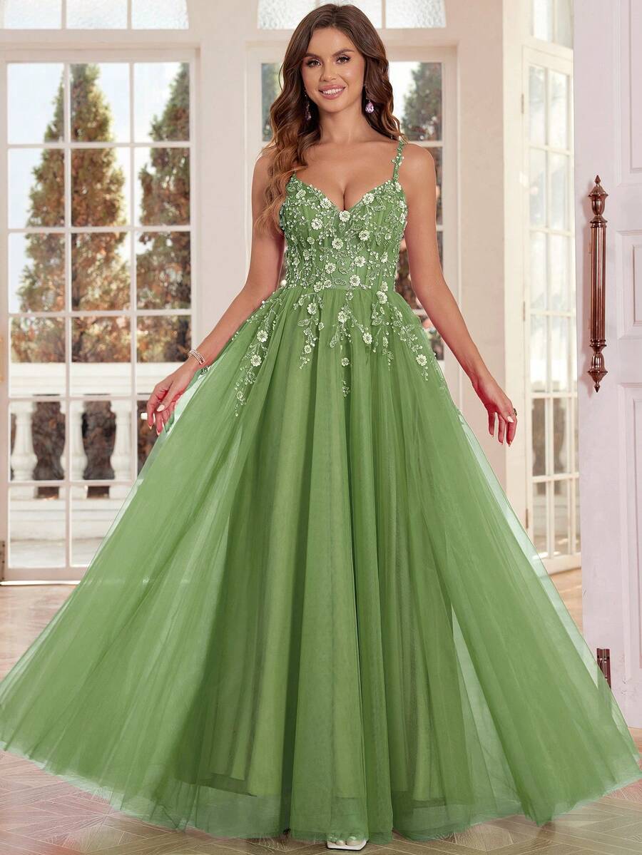 闪亮长款舞会礼服，3D 花朵手工珠饰，精致蕾丝舞会礼服，系带后背细肩带 V 领女士正式晚会礼服，亮片贴花晚礼服，及地长款返校节礼服，适合青少年