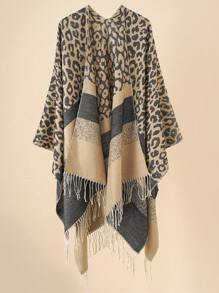 1 件女士优雅经典豹纹流苏开衩斗篷，温暖百搭，适合秋冬季 - 彩色 - 查看 2