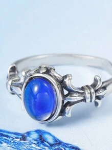 1pc Emotion Sensing Mood Ring With Temperature Changing Stone, Fashionable Family Gift Suitable For Men And Women, Monitor Your Loved One's Mood Changes - Antique Silver - View 1