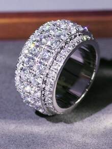 1pc Men's Fashion Wide Band Ring, Luxury High-End Full Zirconia Stone Ring, Unisex Ring Suitable For Daily Wear Jewelry - Silver - View 3