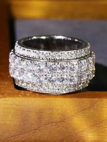 1pc Men's Fashion Wide Band Ring, Luxury High-End Full Zirconia Stone Ring, Unisex Ring Suitable For Daily Wear Jewelry - Silver - View 1