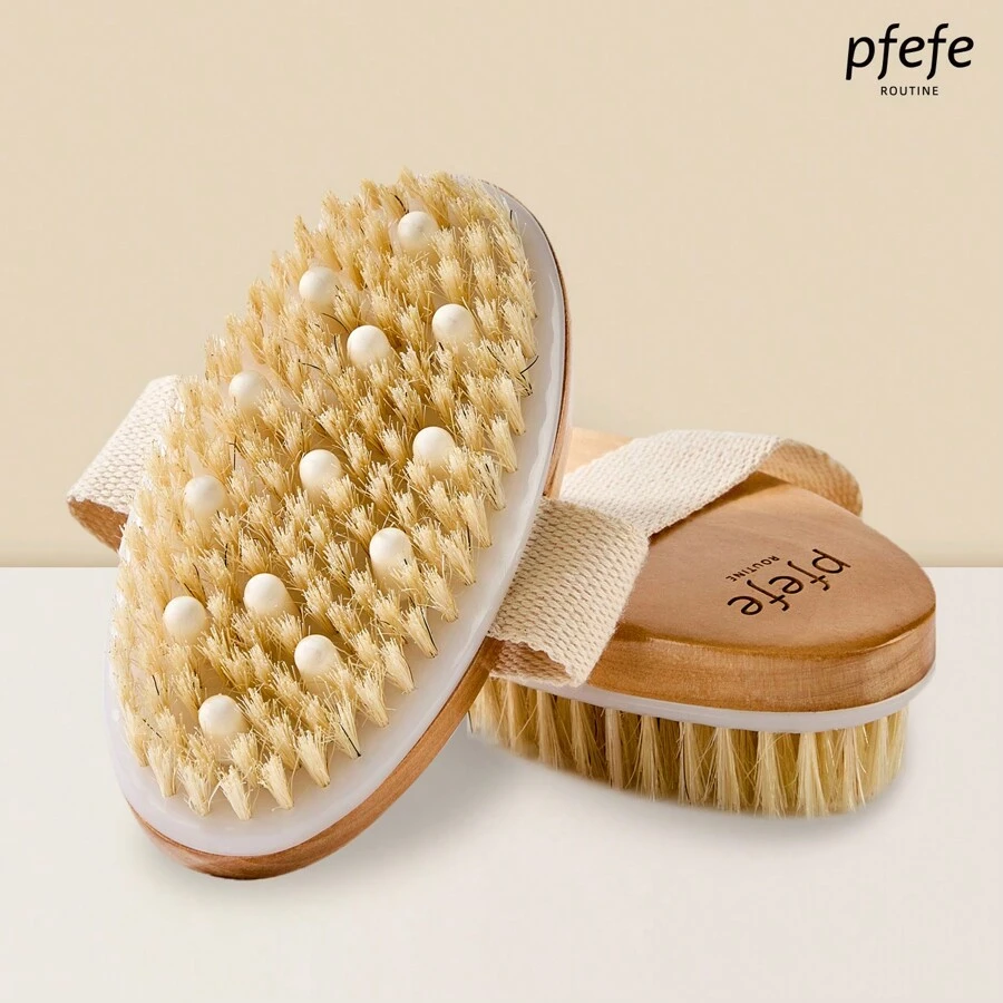 PFEFE 干刷身体刷天然猪鬃毛刷洗脸刷橘皮组织沐浴刷带按摩结节适用于干性皮肤去角质 Bath And Body Works