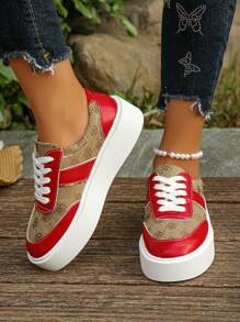Plus Size Women's Shoes (36-43), Spring/Autumn New Fashionable Brown Floral Print With Red Lace-Up Thick Bottom Casual Sneakers For Daily Wear, Lightweight And Comfortable