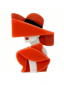 1pc Retro Chic Lady Wearing Hat Portrait Acrylic Brooch, Creative Art Style Backpack Clothes Pin Badge - Orange - View 1