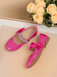 1 Pair Cute Solid Color Patent Leather With Rhinestone Decor Non-Slip Flat Outdoor Shoes For Girls