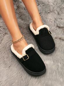 Dép nữ mềm mại sang trọng có khóa, lót ấm, đế phẳng chống trượt, thời trang cho mùa thu/đông - màu đen - Xem 3