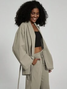 2 pièces Vêtement et pantalon assortis style kimono couleur unie décontracté pour femmes - Camel - Voir 4