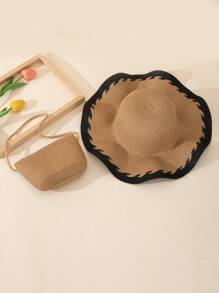 2 件套：女士卡其色波浪蝴蝶结草编太阳帽和斜挎草编包，适合日常、度假和旅行 - 彩色 - 查看 2