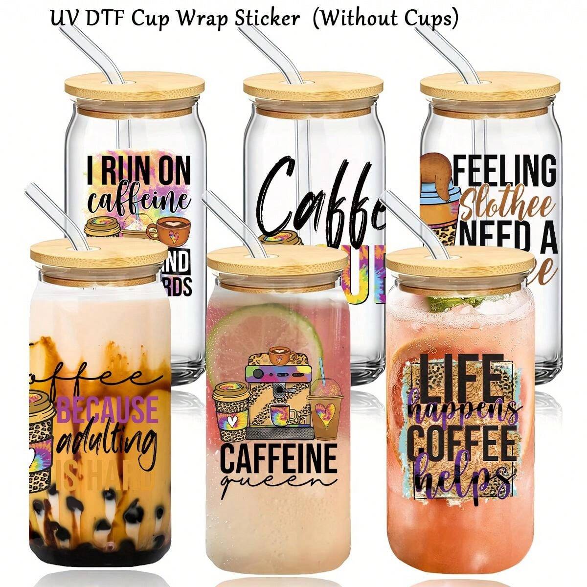 6 peças/Conjunto Adesivos de Desenho de Café UV DTF - À prova d'água ...