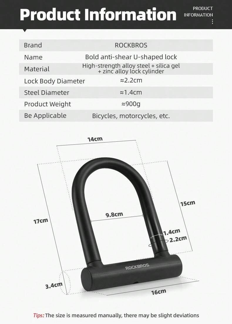 Antivol Vélo En U RockBros - Épaisseur 23mm - Noir - Sécurité Niveau A - Neuf Avec Garantie 3 Mois