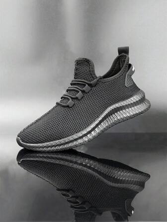 男士纯色透气轻便网眼系带跑步鞋黑色男士步行运动鞋