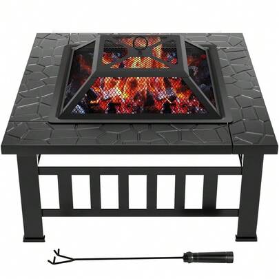 32" Outdoor Square Metal Fire Pit With Cover And Poke