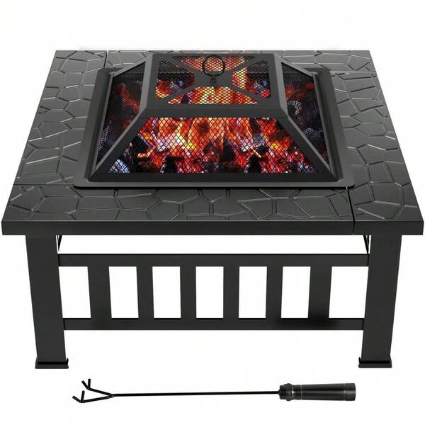 32" Outdoor Square Metal Fire Pit With Cover And Poke
