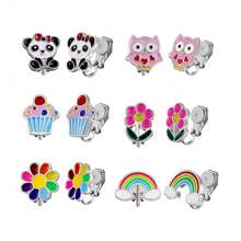 6 paires Boucles d'oreilles à clip sans piercing pour filles avec les oreilles non percées, boucles d'oreilles hypoallergéniques en acier inoxydable cœur coloré, fleur, papillon et arc-en-ciel, ensemble de boucles d'oreilles à pierres CZ
