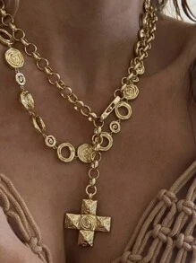 1pc 18K Gold Plated Titanium Steel Cross Water Spin Bead Chain Necklace