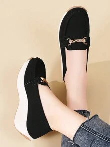 Women's Thick Sole Wedge Loafers, Soft Bottom Handmade Stitching Mother Shoes, Slip-On Solid Color Flats For Spring, Autumn & Winter