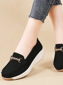 Women's Thick Sole Wedge Loafers, Soft Bottom Handmade Stitching Mother Shoes, Slip-On Solid Color Flats For Spring, Autumn & Winter