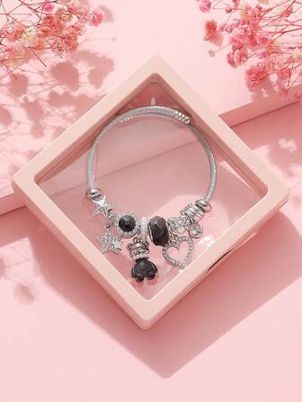 1 件优雅水钻熊、心形和星形串珠不锈钢手链配蝴蝶结和人造珍珠，女士日常、派对、礼物（带礼品盒）