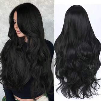 Pelucas Largas Y Onduladas Negras Para Mujeres: Peluca Larga Y Rizada Con Raya Al Medio De 28 Pulgadas, Resistente Al Calor Con Cabello Sintético, Aspecto Natural, Peluca De Fibra Para Uso Diario O En Fiestas