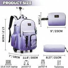 3 件装儿童滚轮背包适合小学学生渐变色大容量拉杆背包带午餐袋和笔袋 - 淡紫色 - 查看 2