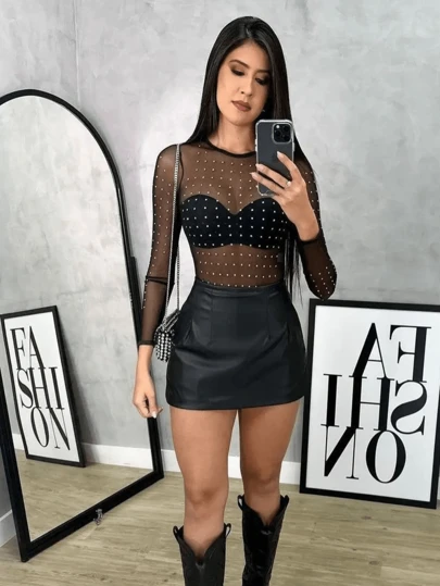 Body Blusa Feminina Manga Longa Tule Brilho Festa Diamond