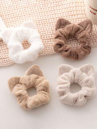 4 Pcs/Set Cute Plush Cat Ears Scrunchies Hair Ties Fluffy Ponytail Holder Hair Elastics Scrunchy Spiral Hair Ring Hair Accessory- Random Color
