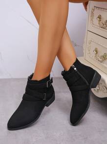 Autumn And Winter Fashion Boots With Pointed Comfortable Low Heel Side Zipper Buckle And Boots