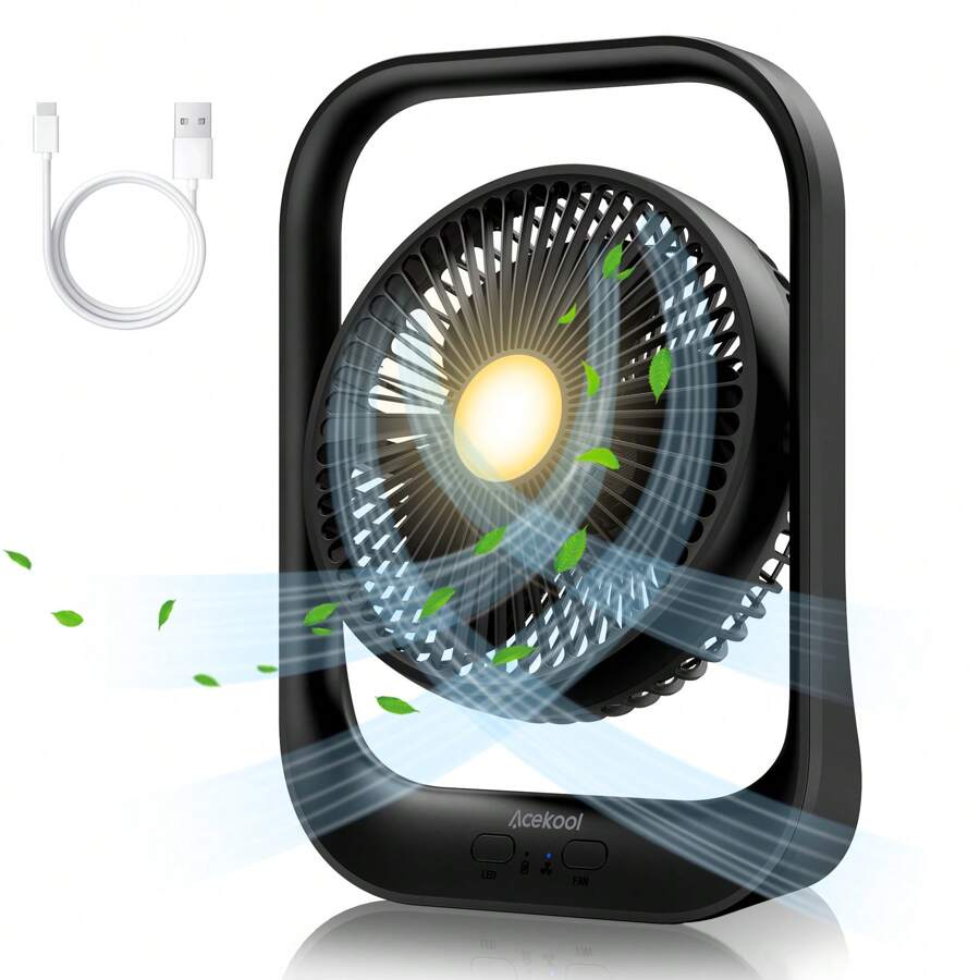 Tabletop Air Circulator Fan, Portable Small Fan With Cord Powered And LED Light, 135° Rotate Quiet Small Portable Table Fan, 3 Speeds Strong Airflow - 黑色 - 查看 1