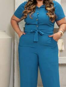 Plus Size Women's Set Pantaloon Pants And Blouse With Stylish Buttons - 水鴨藍 - 查看 2
