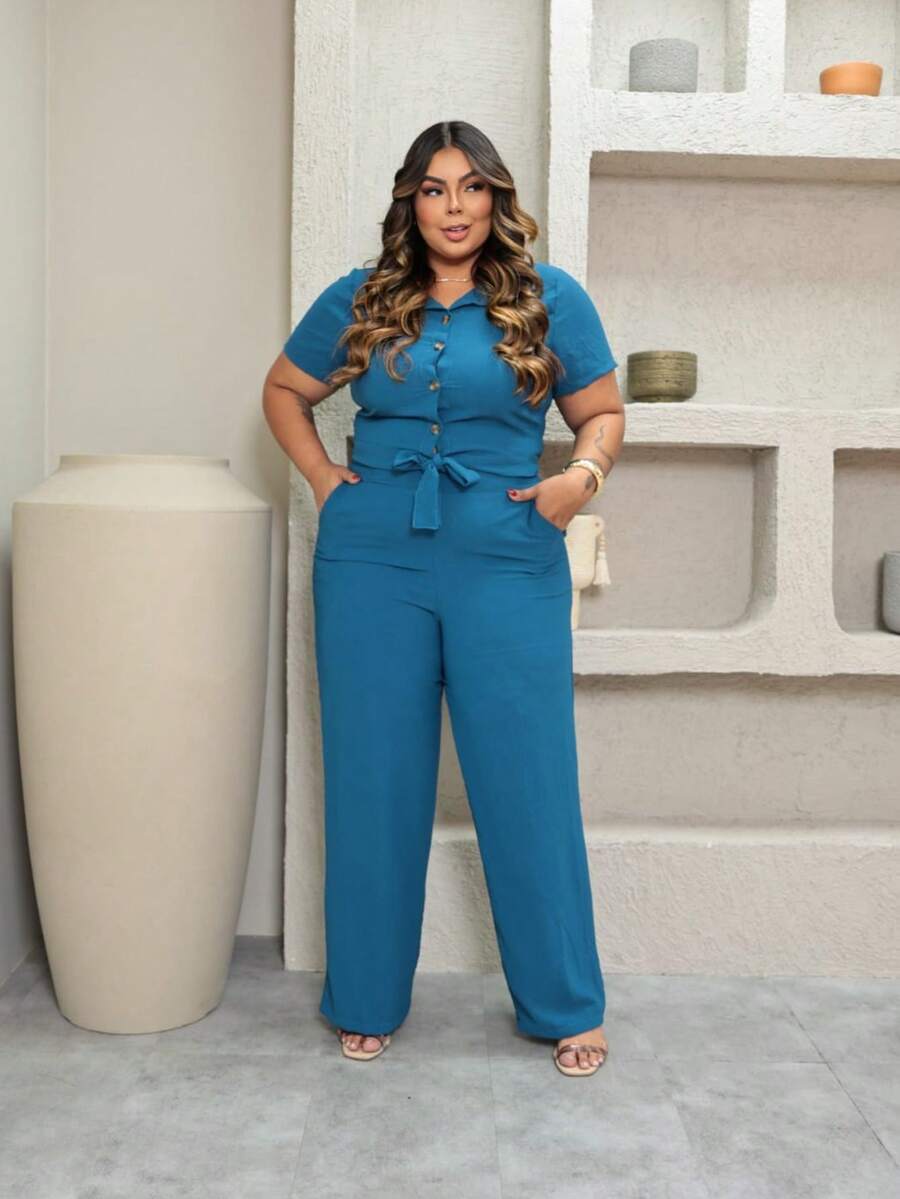 Plus Size Women's Set Pantaloon Pants And Blouse With Stylish Buttons - 水鴨藍 - 查看 1
