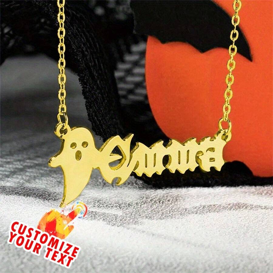 1 Vòng Cổ Halloween Tên Tiếng Anh Cổ Được Cá Nhân Hóa Vàng Gothic Đen Hồng Tùy Chỉnh Bùa Ban Đầu Goth Bảng Tên Quà Tặng Monogram Dainty Ghost Bat Phông Chữ Ma Quái Quà Tặng Cho Cô ấy - vàng - Xem 1