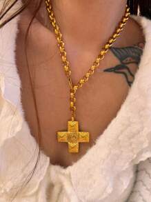 1pc 18K Gold Plated Titanium Steel Cross Water Spin Bead Chain Necklace