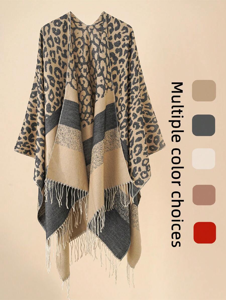1 件女士优雅经典豹纹流苏开衩斗篷，温暖百搭，适合秋冬季 - 彩色 - 查看 1
