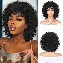 Pelucas cortas rizadas para mujer, peluca sintética de cabello afro rizado y rizado con flequillo, color negro / marrón / rubio miel degradado, fibra resistente al calor, peluca rizada corta con muelles para uso diario, peluca rizada y afro para mujer, para cosplay y fiestas