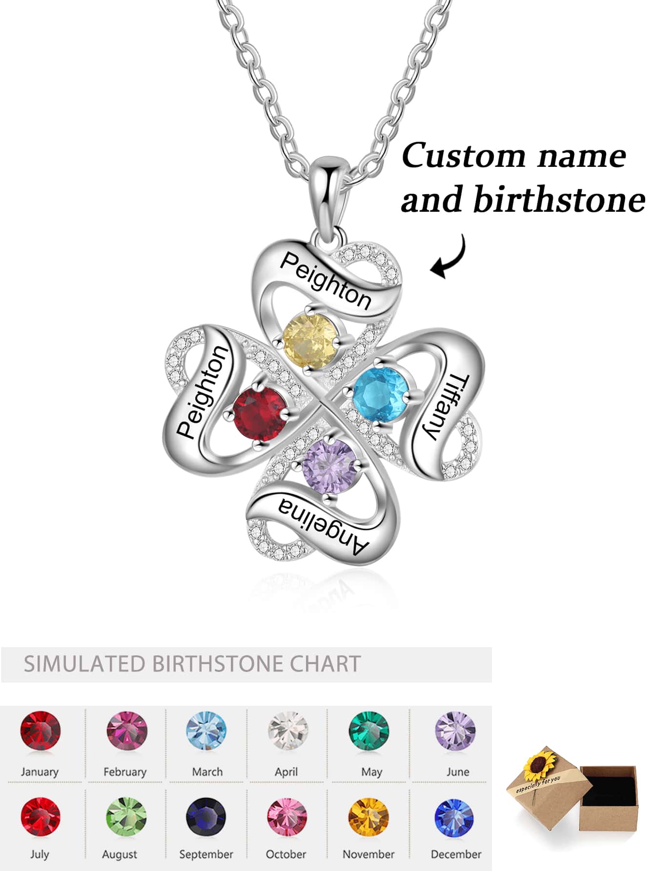 Customized Jewelry,Gemstone Necklace,Customized Birthstone And  Family Names,Choose Gemstone Color For Women's Birthdays/Anniversary/Valentine's Day/Graduation Gifts - Silver - View 1