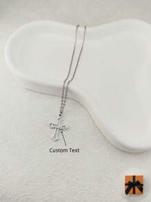 1pc Customized Stainless Steel Gothic Cross Pendant Necklace With Personalized Text, Gift For Family, Friends, Couples - Silver, Silver, Stylish, Colorful, Vintage, Simple, Unisex, Casual, Cuties, Custom, Personalized, Unique, Ideal Gifts For Him, Ideal Gifts For Her, Her, Boyfriend, Girlfriend, Dad, Mom, Family, Friends, For Anniversaries, For Birthdays, For Graduation, For Prom, For Party, Prom Season - Silver - View 2