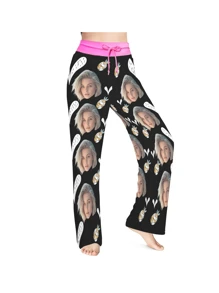[DIY] Customized Women's Funny Pajama Pants, Portrait Photo Customization, Gift/Novelty, Big Head Photo, Human Face Substituting, Lightweight, Breathable, Quick-Drying, Silky Soft Fabric, Gift For Friends/Partners/Lovers, Party/Birthday Present - Black - View 2