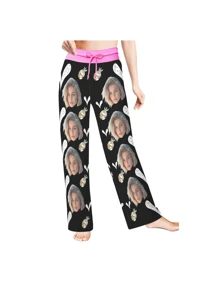 [DIY] Customized Women's Funny Pajama Pants, Portrait Photo Customization, Gift/Novelty, Big Head Photo, Human Face Substituting, Lightweight, Breathable, Quick-Drying, Silky Soft Fabric, Gift For Friends/Partners/Lovers, Party/Birthday Present - Black - View 3