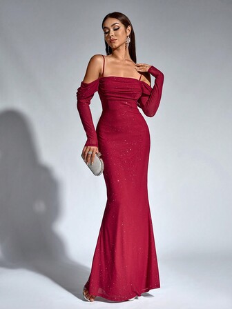 Cold Shoulder Mermaid Hem Ruched Mesh Sequin Bodycon Women Cocktail Dress Party Dress Wedding Guest Dress Formal Dress Evening Dress,Gown