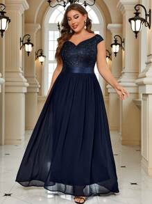 Plus Sweetheart Neck Sequin Insert Contrast Lace Chiffon Evening Party Maxi Formal Dress, Elegant Prom Wedding Guest Dress, For Graduation, Homecoming, Dinner,Gown, For Valentine's Day - Navy Blue - View 9