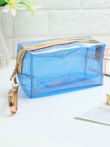 1个透明PVC化妆包，大容量全息手提洗漱包，便捷旅行收纳袋，经典时尚化妆包，透明可视拉链袋，粉色、蓝色、绿色、紫色、银色可选 - 彩色 - 查看 12