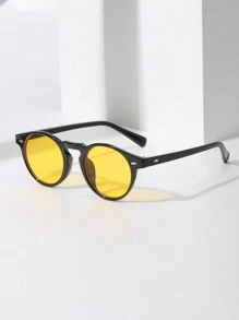 1pc Men's Vintage Rivet Small Frame Round Nerd Glasses, Suitable For College Style, Retro Unisex Fashion Street Style, Fashion Glasses For Holiday, Daily Commute, Polycarbonate Stylish Lens With Glasses Strap For Summer Beach Vacation,Outdoor,Travel - 芥末黃 - 查看 2