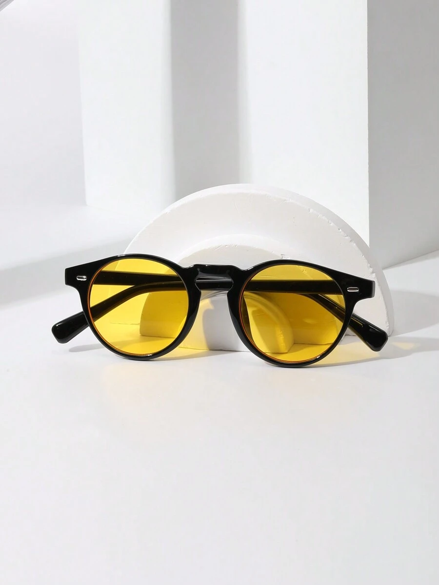 1pc Men's Vintage Rivet Small Frame Round Nerd Glasses, Suitable For College Style, Retro Unisex Fashion Street Style, Fashion Glasses For Holiday, Daily Commute, Polycarbonate Stylish Lens With Glasses Strap For Summer Beach Vacation,Outdoor,Travel - 芥末黃 - 查看 1