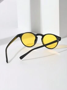 1pc Men's Vintage Rivet Small Frame Round Nerd Glasses, Suitable For College Style, Retro Unisex Fashion Street Style, Fashion Glasses For Holiday, Daily Commute, Polycarbonate Stylish Lens With Glasses Strap For Summer Beach Vacation,Outdoor,Travel - 芥末黃 - 查看 3