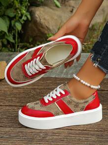 Plus Size Women's Shoes (36-43), Spring/Autumn New Fashionable Brown Floral Print With Red Lace-Up Thick Bottom Casual Sneakers For Daily Wear, Lightweight And Comfortable
