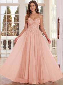 Sparkly Long Ball Gown With 3D Flower Hand Beading Elaborate Lace Prom Dresses Lace Up Back Spaghetti Strap V-Neck Formal Evening Party Gowns For Women Sequin Applique Evening Dresses Floor Length Homecoming Dresses For Teens Elegant Wedding Guest Dress, For Graduation, Dinner - 淺粉色 - 查看 1