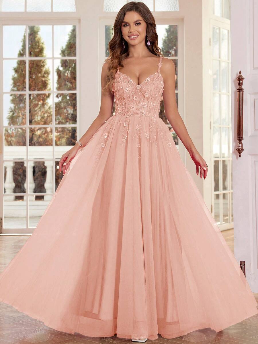 Sparkly Long Ball Gown With 3D Flower Hand Beading Elaborate Lace Prom Dresses Lace Up Back Spaghetti Strap V-Neck Formal Evening Party Gowns For Women Sequin Applique Evening Dresses Floor Length Homecoming Dresses For Teens Elegant Wedding Guest Dress, For Graduation, Dinner - 淺粉色 - 查看 1
