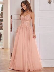 Sparkly Long Ball Gown With 3D Flower Hand Beading Elaborate Lace Prom Dresses Lace Up Back Spaghetti Strap V-Neck Formal Evening Party Gowns For Women Sequin Applique Evening Dresses Floor Length Homecoming Dresses For Teens Elegant Wedding Guest Dress, For Graduation, Dinner - 淺粉色 - 查看 7