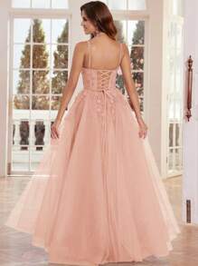 Sparkly Long Ball Gown With 3D Flower Hand Beading Elaborate Lace Prom Dresses Lace Up Back Spaghetti Strap V-Neck Formal Evening Party Gowns For Women Sequin Applique Evening Dresses Floor Length Homecoming Dresses For Teens Elegant Wedding Guest Dress, For Graduation, Dinner - 淺粉色 - 查看 2